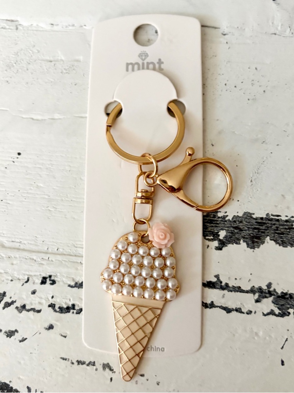 Mint Gold-Tone Keychain with Pink Rose & Pearl Ice Cream Charm